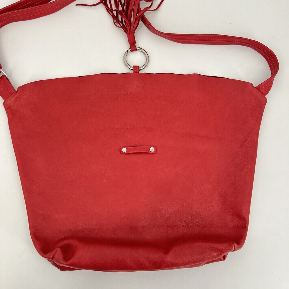 Mayko Leather Hobo Raw Handbag Crossbody Red Tassel Minimalist - Picture 3 of 12